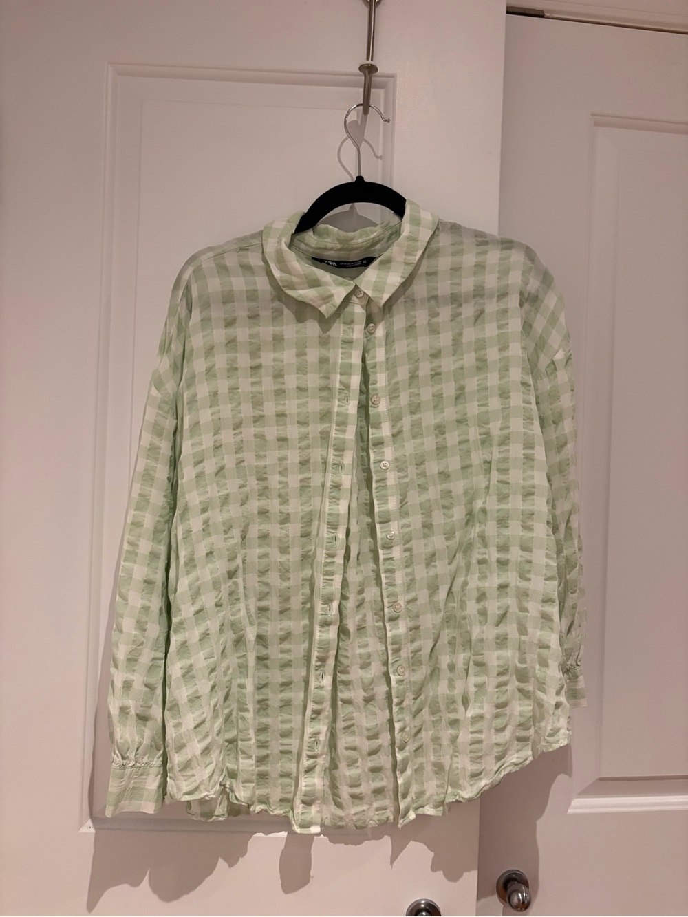 Zara Mint Green and White Gingham Button-Up Blouse - Picture 4 of 7